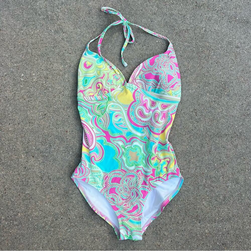 Lilly Pulitzer Halter One Piece Swim Bikini Vibrant Pastel Floral Size 4